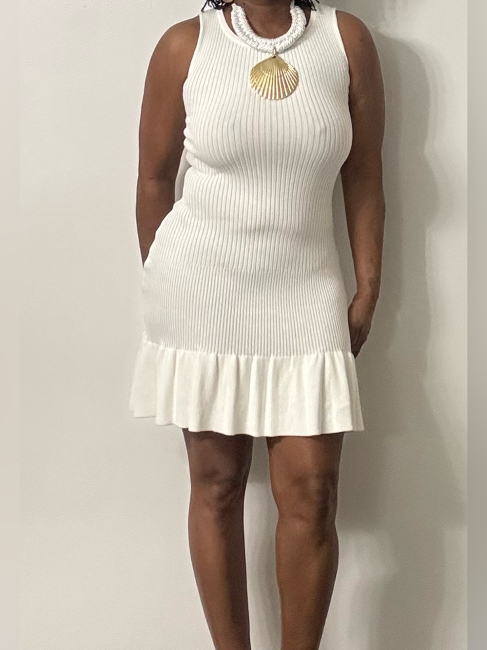 Nordstrom White Ribbed Sleeveless Mini Dress with Ruffle Hem